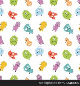 Seamless pattern cute monster. Set characters for children clothing. Endless background in nursery. Wrapping paper for holiday.