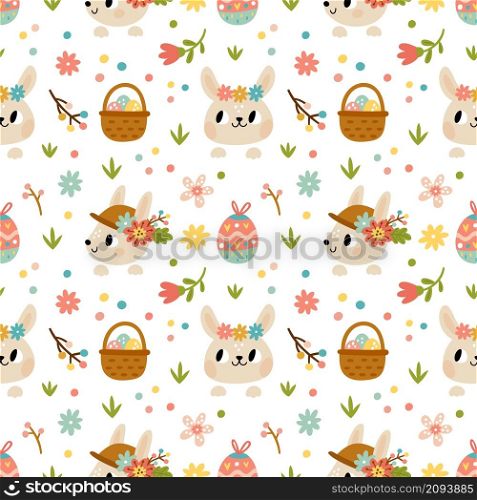 Seamless pattern cute rabbits. Little bunnies heads with flowers headbands, hats and baskets with patterned easter eggs, spring holiday. Decor textile, wrapping paper wallpaper, vector print or fabric. Seamless pattern cute rabbits. Little bunnies heads with flowers headbands, hats and baskets with patterned easter eggs, spring holiday. Decor textile, wrapping paper, vector print or fabric
