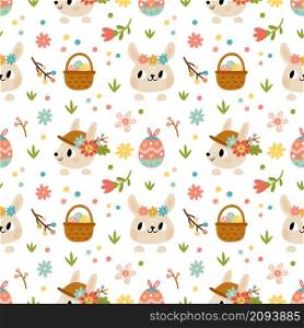 Seamless pattern cute rabbits. Little bunnies heads with flowers headbands, hats and baskets with patterned easter eggs, spring holiday. Decor textile, wrapping paper wallpaper, vector print or fabric. Seamless pattern cute rabbits. Little bunnies heads with flowers headbands, hats and baskets with patterned easter eggs, spring holiday. Decor textile, wrapping paper, vector print or fabric