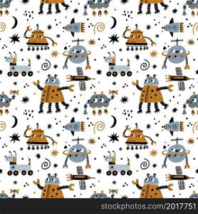 Seamless pattern cute robots. Kids funny robotic decor, cute electronic toys, boys games, comic mechanical characters, cartoon style. Decor textile, wrapping paper wallpaper, vector print or fabric. Seamless pattern cute robots. Kids funny robotic decor, cute electronic toys, boys games, comic mechanical characters, cartoon style. Decor textile, wrapping paper wallpaper, vector print