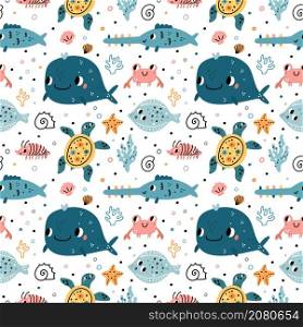 Seamless pattern cute underwater life. Funny cartoon ocean characters, marine world creations, aquatic animals, fishes and seaweed, whale and turtle on white background. Decor textile, vector print. Seamless pattern cute underwater life. Funny cartoon ocean characters, marine world creations, aquatic animals, fishes and seaweed, whale and turtle on white background. Vector print