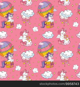 Seamless pattern cute unicorns in the sky isolated on pink background. Vector illustration for party, print, baby shower, wallpaper, design, decor,design cushion, linen, dishes. Seamless pattern cute unicorns in the sky vector pink