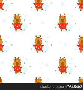 Seamless pattern. Cute winter capybara with Christmas sweater on white background with snowflakes. Vector illustration for new year festive design, wallpaper, packaging, textile. kids collection