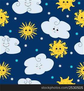 Seamless pattern. Cute yellow sun with a face and a smile on a blue background with clouds and stars. Different faces - open and closed eyes. Vector. Design, packaging, textile, summer illustrations.