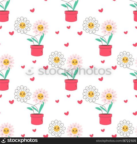 Seamless pattern daisy in pot, flower, with hearts, baby cute . Vector . Seamless pattern daisy in pot, flower, with hearts, baby cute