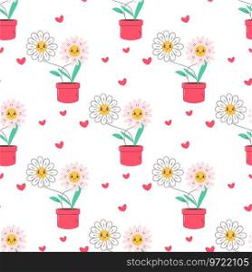 Seamless pattern daisy in pot, flower, with hearts, baby cute . Vector . Seamless pattern daisy in pot, flower, with hearts, baby cute