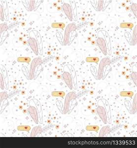 Seamless Pattern, Decorative Background, Textile Print or Wrapping Paper Decoration. Floral Doddles and Leaves Ornaments, Speak Clouds with Social Network Heart Like Symbol Flat Vector Illustration