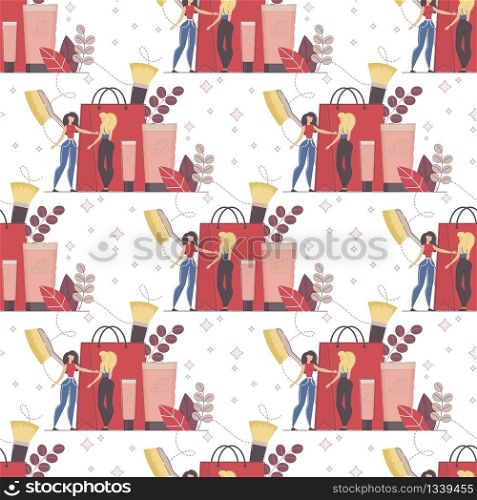 Seamless Pattern, Decorative Background, Textile Print or Wrapping Paper Ornament Template with Women Recommending, Choosing, Shopping Cosmetics Products, Goods for Makeup Flat Vector Illustration