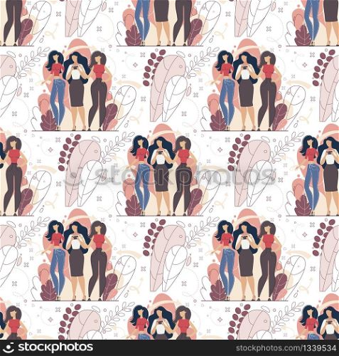 Seamless Pattern, Decorative Background, Textile Print or Wrapping Paper Ornament Template with Women Group, Standing Together, Communicating Online, Messaging with Smartphone Flat Vector Illustration