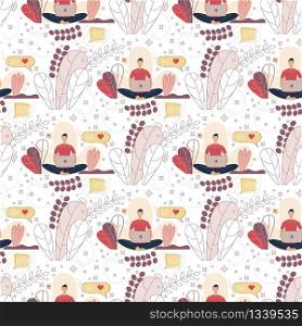 Seamless Pattern, Decorative Background, Textile Print or Wrapping Paper Ornament Template with Freelancer, Blogger Man Using Laptop, Communicating, Messaging in Internet Flat Vector Illustration