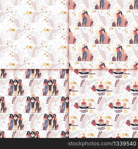 Seamless Pattern, Decorative Background, Textile Print or Wrapping Paper Ornament Templates Set with Chatting, Communicating Online, Blogging Man and Women Characters Trendy Flat Vector Illustration