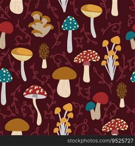 Seamless pattern design. Autumn backdrop for wallpaper, print, textile, fabric, wrapping. Mushrooms isolated on red background.