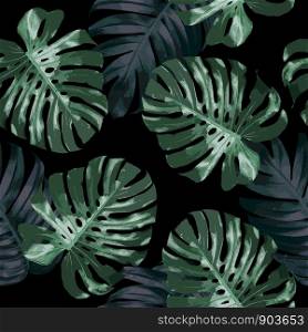 Seamless pattern design of tropical leaves on black background monstera and philodendron plant vector illustration