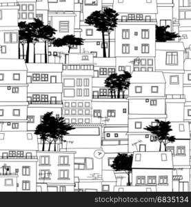 Seamless pattern design with city sketch in black and white