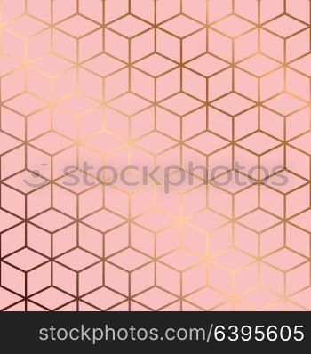 Seamless pattern design with golden geometric lines and cubes on pink background, modern luxurious background