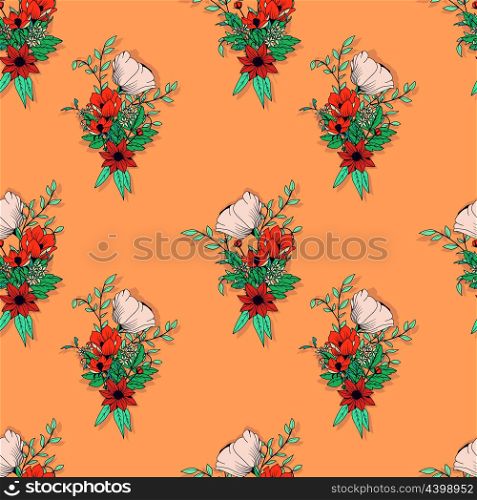 Seamless pattern design with hand drawn flowers and floral elements, vector illustration