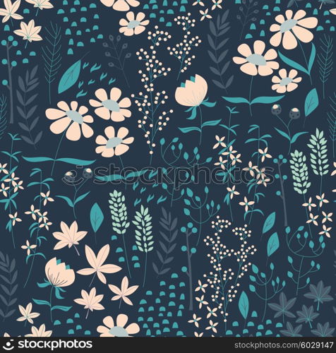 Seamless pattern design with hand drawn flowers and floral elements, vector illustration