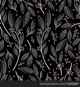 Seamless pattern design with hand drawn flowers and floral elements, vector illustration