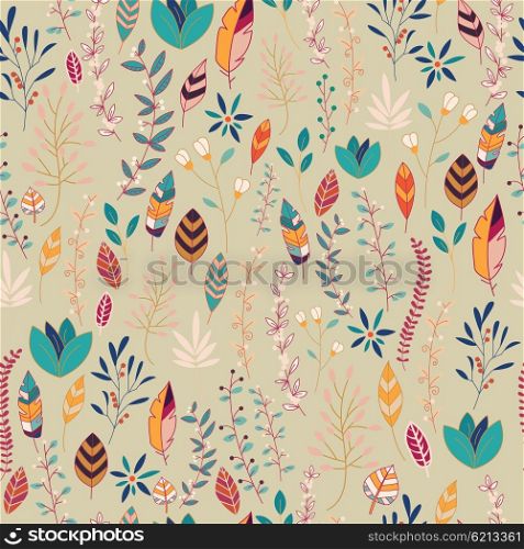 Seamless pattern design with hand drawn flowers, floral elements and feathers, vector illustration
