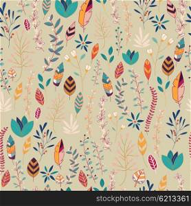 Seamless pattern design with hand drawn flowers, floral elements and feathers, vector illustration
