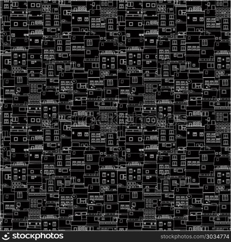 Seamless pattern design with houses in black and white. Seamless houses pattern