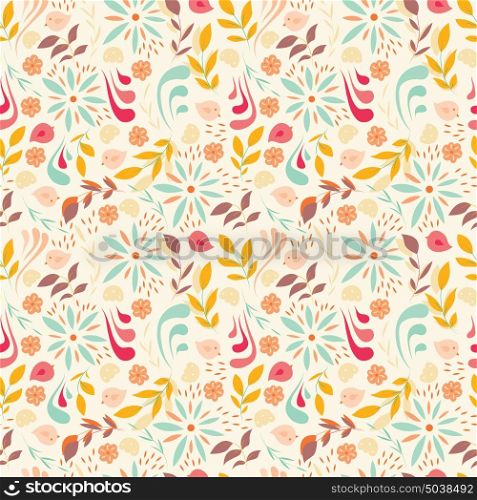 Seamless pattern design with little flowers, floral elements, birds, vector illustration