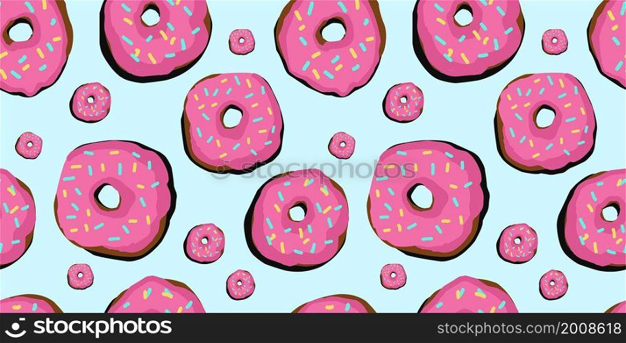 SEAMLESS PATTERN donuts. Pop art pattern. America of the 60s. Bright stylish ornament with donuts. Vector design for printing on fabric and textile, wrapping paper. Wallpaper for walls.. SEAMLESS PATTERN donuts. Pop art pattern. America of the 60s. Bright stylish ornament with donuts. Vector design for printing on fabric and textile, wrapping paper. Wallpaper for walls