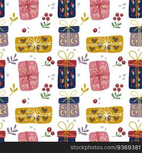 Seamless pattern Doodle of christmas box element, birthday box. Can use for fabric etc