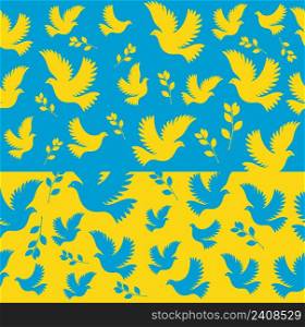 Seamless pattern dove of peace with an olive branch. Vector flat seamless pattern in blue and yellow. Flying bird on a flag.. Seamless pattern dove of peace with an olive branch. Vector flat seamless pattern in blue and yellow. Flying bird on a flag background.
