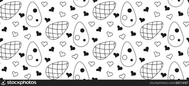 Seamless pattern eggs Easter and hearts. Doodle Black and white Geometric vector illustration. Background, card, poster, coves, postcards, scrapbooking, textile, fabric, craft paper, notebook, fabric.. Seamless pattern eggs Easter and hearts. Doodle Black and white Geometric vector illustration.