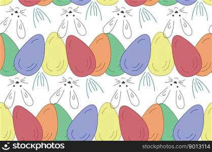 Seamless pattern eggs Easter, Muzzle bunny. Vector illustration. Texture Easter gift, textile. Elements For Background, card, poster, coves, postcards, scrapbooking, fabric, banners, notebook, fabric.. Seamless pattern eggs Easter, Muzzle bunny. Vector illustration. Texture of Easter gift, textile.
