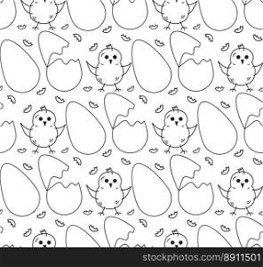 Seamless pattern eggs, egg shell and chiks character. Doodle Black and white vector illustration. For Background, card, poster, coves, postcards, scrapbooking, textile, fabric, craft paper, notebook.. Seamless pattern eggs, egg shell and chiks character. Doodle Black and white vector illustration.