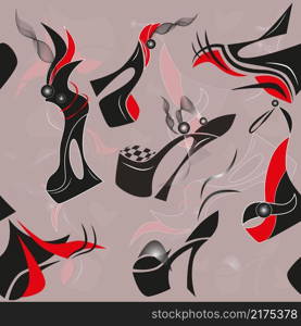 Seamless pattern. Elegant trendy woman high heels shoes with fashionable decorations. Vector illustration.