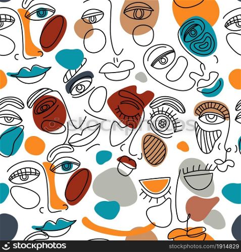 Seamless pattern face line art. surreal face painting with soft color circles.. Seamless pattern face line art. surreal face painting with color shapes. Vector Surreal Face Background, Linear Art, Colored Illustration, Woman Man Faces. Surreal women faced on white background