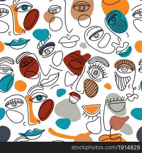 Seamless pattern face line art. surreal face painting with soft color circles.. Seamless pattern face line art. surreal face painting with color shapes. Vector Surreal Face Background, Linear Art, Colored Illustration, Woman Man Faces. Surreal women faced on white background