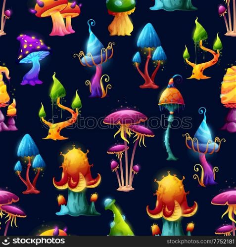 Seamless pattern. Fairy fantasy mushrooms and magic toadstools vector background. Cartoon luminous mushroom with acid caps, blue neon and purple toxic luminescent amanita or fungi in witch forest. Seamless pattern of fantasy mushrooms, background