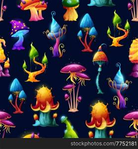 Seamless pattern. Fairy fantasy mushrooms and magic toadstools vector background. Cartoon luminous mushroom with acid caps, blue neon and purple toxic luminescent amanita or fungi in witch forest. Seamless pattern of fantasy mushrooms, background
