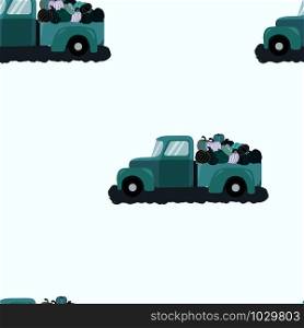 Seamless pattern fall teal truck loaded with harvest blue green pumpkins. Unique and delicious varieties of winter squashes repeat design. Vector Illustration.. Seamless pattern fall teal truck loaded with harvest blue green pumpkins