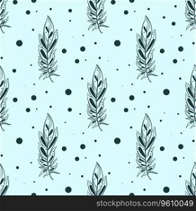 Seamless pattern feathers on blue background. Vintage feathers print for fabric, wallpaper, paper design. Background hand drawn boho feathers and paint splatters, vector illustration. Seamless pattern feathers on blue background