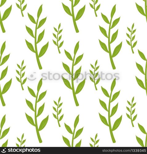 Seamless Pattern. Flat Cartoon Green Stems and Leaves on White. Vector Foliage Natural Branches Illustration. Eco Friendly Background. Repeatable Grass Branches. Summer Textiles, Cover, Wallpaper. Green Stems and Leaves Seamless Pattern on White