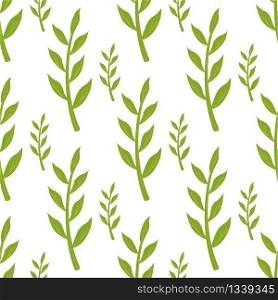 Seamless Pattern. Flat Cartoon Green Stems and Leaves on White. Vector Foliage Natural Branches Illustration. Eco Friendly Background. Repeatable Grass Branches. Summer Textiles, Cover, Wallpaper. Green Stems and Leaves Seamless Pattern on White
