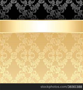 Seamless pattern, floral decorative background, gold ribbon