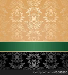 Seamless pattern, floral decorative background, green ribbon