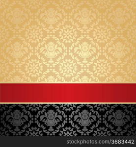 Seamless pattern, floral decorative background, red ribbon