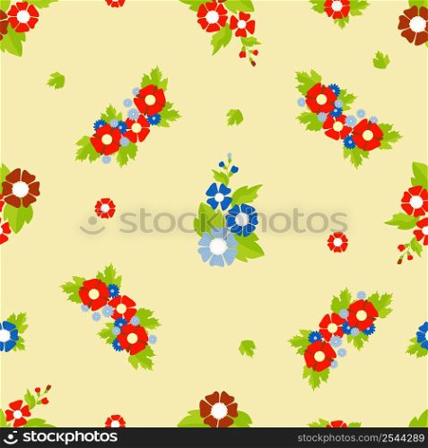 Seamless pattern. Floral decorative pattern from Red and blue flowers on light yellow background. Vector illustration. For decor, design, wallpaper, packaging and textiles
