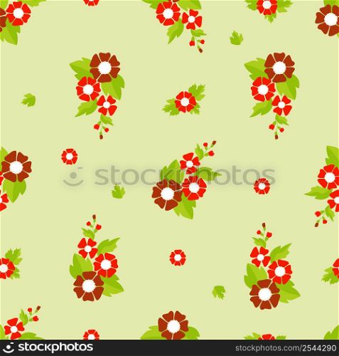 Seamless pattern. Floral pattern from a bouquet of red decorative flowers with leaves on a light yellow background. Vector illustration. For decor, design, wallpaper, packaging and textiles
