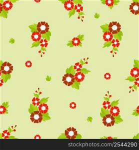 Seamless pattern. Floral pattern from a bouquet of red decorative flowers with leaves on a light yellow background. Vector illustration. For decor, design, wallpaper, packaging and textiles