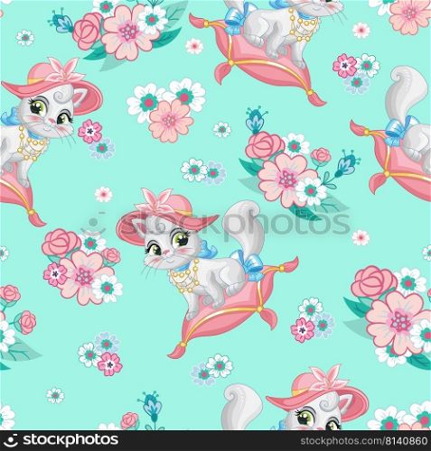 Seamless pattern flowers and cute kitty on a pillow. Cartoon vector illustration turquois background. Childish print for textiles, fabrics, wallpapers, design, linen, decor, packaging,apparel. Seamless pattern cute cat on a pillow and flowers vector