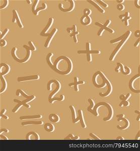 Seamless pattern for background, made up of numbers and mathematical symbols on a brown background