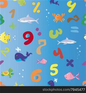 Seamless pattern for background nautical theme with a training account. Marine animals, fun the colorful numbers and math symbols on a blue background.